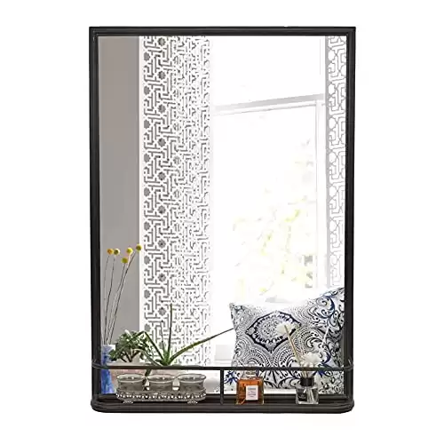 Metal Wall Mirror Rectangle Large Bathroom Mirror with Shelf, Distressed Black, 22" L x 5" W x 32" H