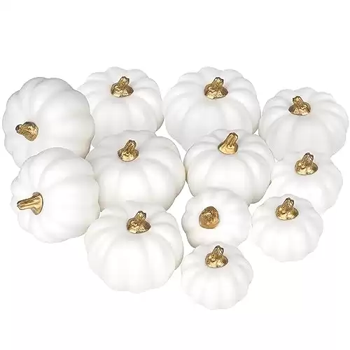 Artmag Artificial Pumpkins Bulk 12Pcs Assorted Sizes Harvest Lifelike Pumpkin Fake Foam Pumpkin for Fall Autumn Halloween Home Party Thanksgiving Party Holiday Decor White