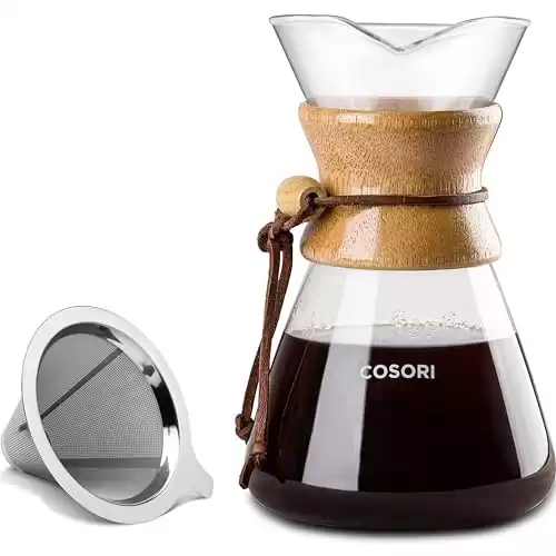 COSORI Pour Over Coffee Maker with Double Layer Stainless Steel Filter, 8-Cup, 34oz, Drip Coffee Maker, Coffee Dripper Brewer, High Heat Resistant Carafe, also for Camping, Hiking