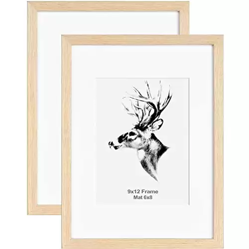 Yaetm 9x12 Oak Picture Frame Matted to 6x8 Set of 2, Solid Natural Wood Photo Frames with Tempered Glass, 9 by 12 Wooden Picture Frames for Horizontal and Vertical Wall Mounting (2 Pack, Oak)