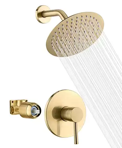 sumerain Brushed Gold Shower Faucet Set with 8 Inches Stainless Steel Rain Shower Head, Solid Brass Rough In Valve