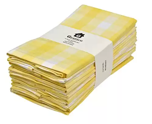 Gratico Cloth Napkins Set of 12 Cotton Dinner Napkins 20x20 In Cloth Washable Buffalo Plaid Checks Premium Over Sized Yellow/White Cloth Napkins with Mitered Corners Ultra Soft Durable Hotel Quality