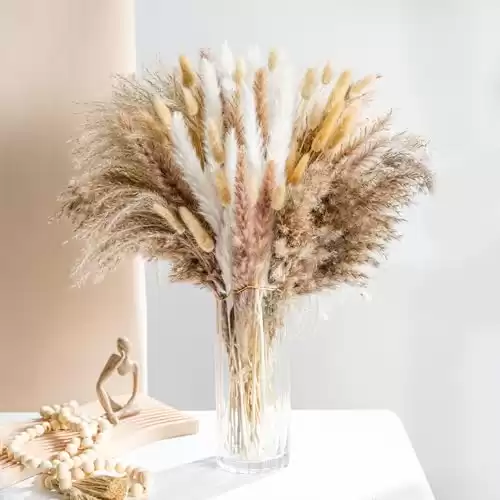 105PCS Natural Dried Pampas Grass Boho Home Decor Bouquet Phragmites Dried Flowers Bouquet for Wedding Floral Arrangements Home Decorations (105PCS)