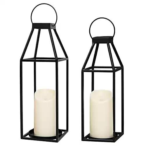 HPC Decor Black Metal Candle Lanterns Set of 2- Lanterns Decorative with Flickering Timer Candles- 17.4'' & 15'' Rustic Farmhouse Lanterns Candle Holder for Indoor, Outdoor, Ta...