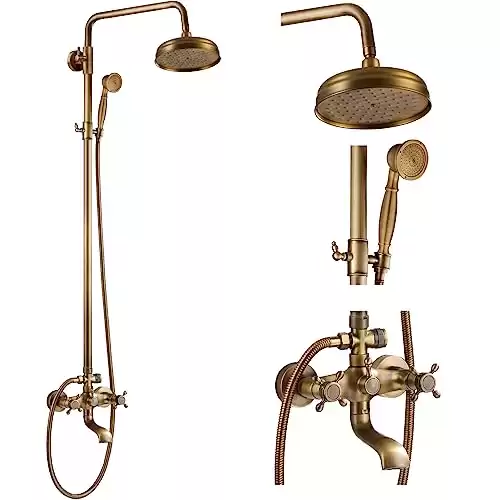 gotonovo Antique Brass Shower Fixture 8 Inch Rainfall Shower Head with Handheld Spray Dual Knobs Mixer Bathroom Triple Function Double Knobs Shower Combo Set Wall Mount