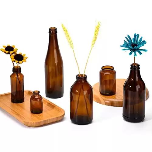 Jspupifip 6 Pcs Amber Vases for Centerpieces Flowers,Large Amber Bud Bottles Bulk,Amber Glass Bottles Glass Vases Tall Antique Vases Apothecary Jars for Flower Home Wedding Bridal Shower Decor