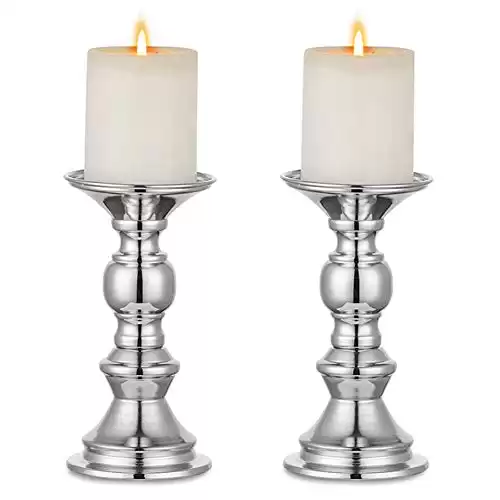 NUPTIO Candle Holder Christmas Decorations: 2 Pcs Table Silver Pillar Candles Holders for 50mm Candlestick Halloween Mantlepiece Fireplace Weddings Party Living Dining Room Decor