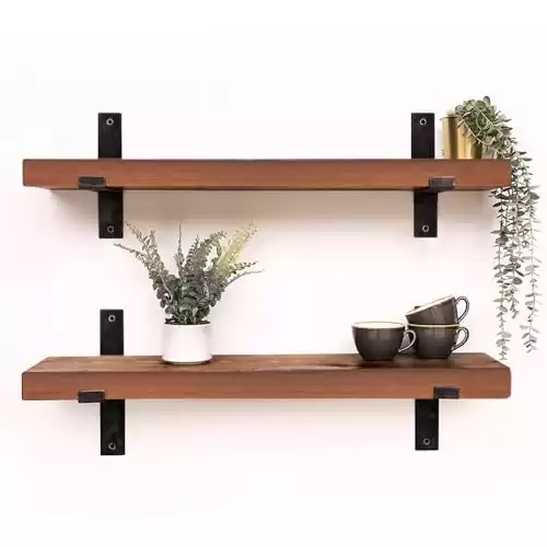 Rustic Wall Mounted Bookshelf, Solid Wood and Metal Floating Shelf, Industrial Hanging Display Shelf for Kitchen, Bedroom, Living Room, Set of 2 (Brown, 23.62" L x 7.87" D)