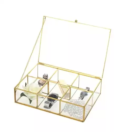 Feyarl Gold Clear Glass Box Jewelry Trinket Ring Earring Shadow Box Tea Bags Display Case CounterTop Collection Holder 6 Compartment Decorative Makeup Organizer with Lid for Home Decor Christmas...