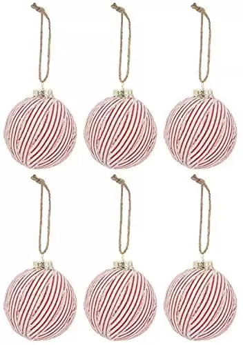 Farmhouse Stripe Ticking Ball Christmas Ornaments (6 pc Farmhouse Ticking Red White- 3 1/8 inch)