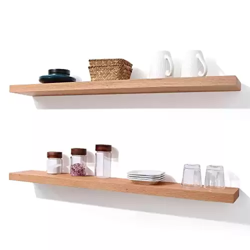 Axeman Oak Floating Shelves, 36 Inch Wall Shelf Set of 2, Solid Wood Shelves for Wall Storage, Wall Mounted Wooden Display Shelf for Bathroom Bedroom Kitchen Garage, Natural