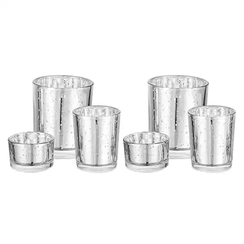 Mercury Glass Votive Candle Holders 6pcs Silver Small Unity Glitter Tealight Holder Set Vintage Wedding Reception Table Centerpiece for Tea Lights Advent Christmas Halloween Fireplace Restaurant Decor