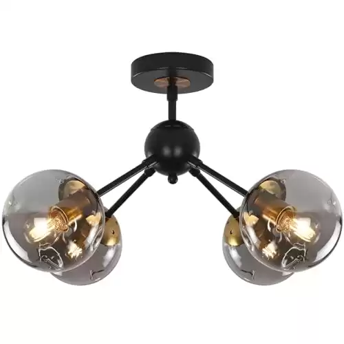 Ynzefly 4-Lights Ceiling Light Fixtures - Modern Matte Black Semi Flush Mount Ceiling Light with Glass Shade