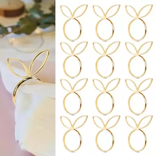 Easter Napkin Rings Set of 12, Bunny Napkin Rings Gold Napkin Holder Rings for Easter Dinning Wedding Birthday Party Table Decorations