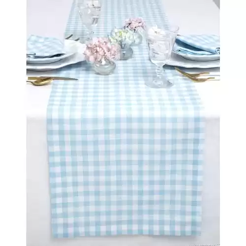 Solino Home Linen Blue Bell Gingham Table Runner 72 inches Long 100% Pure Linen Gingham Check Table Runner 14 x 72 Inch Dresser Scarf Dining Table Runner for Spring, Easter