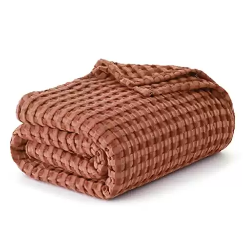 Bedsure Cooling Cotton Waffle Queen Size Blanket - Lightweight Breathable Blanket of Rayon Derived from Bamboo for Hot Sleepers, Luxury Throws for Bed, Couch and Sofa, Red Orange, 90x90 Inches