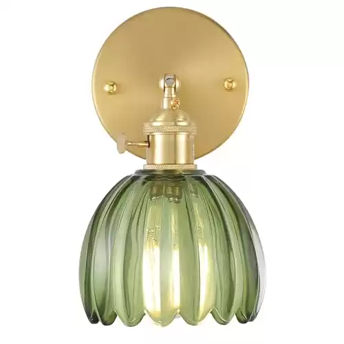 Shenmoyl Vintage Wall Sconces with Green Tulip Glass Lampshade 180 Degree Adjustable Brass Sconces Modern Wall Lighting Fixture with Switch for Bedside Bedroom Doorway