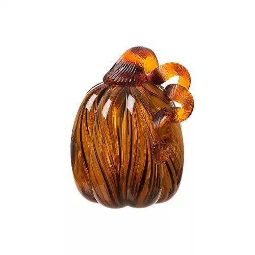 glitzhome 6.3 Inch Hand Blown Two Tone Stripe Glass Pumpkin Table Accent Amber White