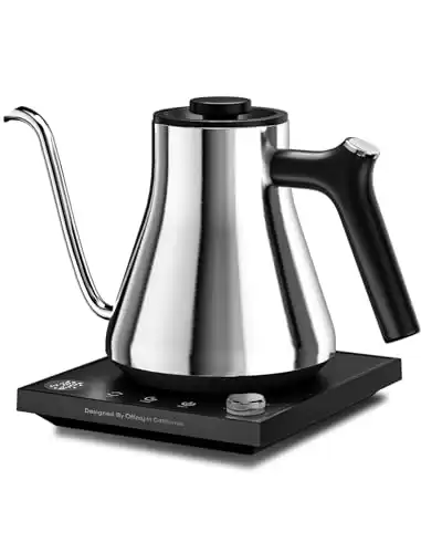 Gooseneck Electric Kettle, Offacy Pour Over Tea Kettles with LED Screen, 1 Temperature Control, Full 304 Stainless Steel, Quick Heating, 6.8mm V-Shaped Spout, Hot Water Boiler, 0.9L (Silver)