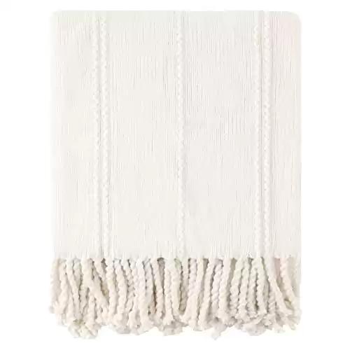 BATTILO HOME Cream White Throw Blanket for Couch, Knitted Cream Throw Blankets for Bed, Decorative Woven White Throws with Tassel, Soft Warm Off White Blanket for All Season(White, 50"x 60")