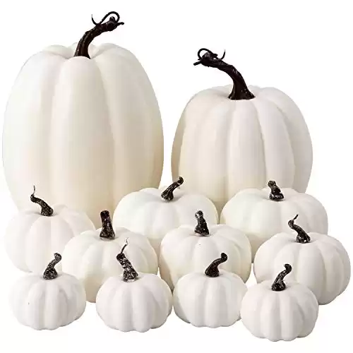 Oyydecor 12Pcs Assorted Sizes Artificial Pumpkins Decoration Harvest Fall White Pumpkins Fake Foam Pumpkins for Fall Autumn Decor Thanksgiving Halloween Decorations (White, 12pcs)