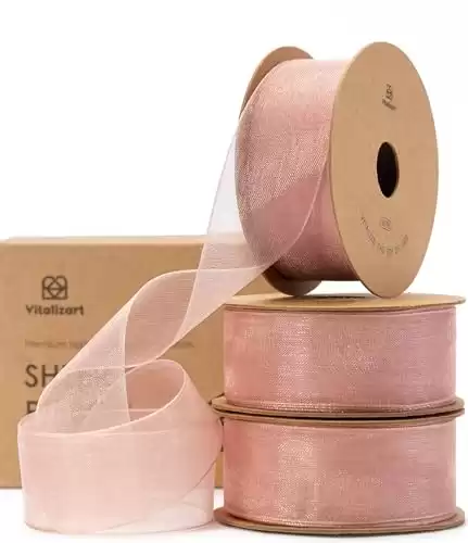 Vitalizart Rose Gold Ribbon Organza Sheer Ribbon 1 inch x 30Yd in Total Handmade Eco-Friendly Fabric Ribbons for Gift Wrapping Christmas Tree Crafts Bows Wedding Invitations Wreaths Wrap