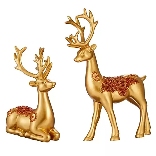 2PCS Carved elk Statue Resin Ornaments, Christmas Reindeer Fortune Seeking Decoration Modern Retro Art Standing and Sitting Posture, Applicable to Living Room and Bedroom (Carved Gold)