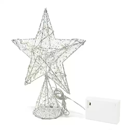 CVHOMEDECO. White Tree Top Star with Warm White LED Lights and Timer for Christmas Ornaments and Holiday Seasonal Décor, 8 x 10 Inch