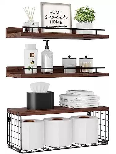 Xeapoms Floating Shelves with Wire Storage Basket, Wall Mounted Bathroom Shelves Over Toilet with Metal Guardrail, Rustic Wood Shelf for Bathroom Decor,Bedroom,Living Room,Kitchen Rustic Brown