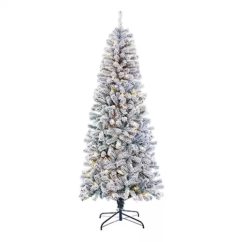 SINTEAN 6Ft Flocked Christmas Tree Prelit, Slim Flocked Christmas Tree W/ 565 Hinged Tips, 180 Led Lights, Metal Stand, Snowy Christmas Tree for Holiday Decoration