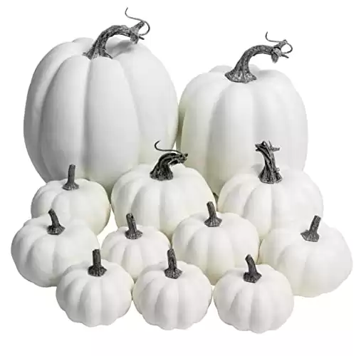 WangLaap 12 Pcs Assorted White Artificial Pumpkins Set Fake Paintable Pumpkins Bulk Decoration for Fall Halloween Holiday Home Decor (White 12Pcs)