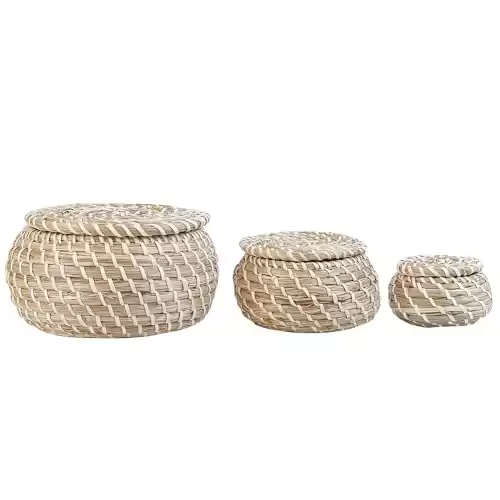 Small Wicker Basket with Lid, Round Woven Set of 3 Seagrass Baskets, Little Handmade Rattan Storage Basket Box for Shelf, Bathroom Decor