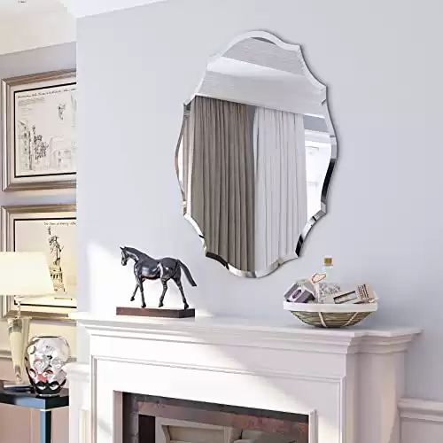 Artloge Scalloped Wall Mirror Frameless: Decorative Large Silver Vanity Oblong with Glass Beveled Edge for Bathroom Bedroom Livingroom Dining Room Entryway Hallway, 28 x 22 inch