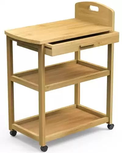 Purbambo Bamboo Kitchen Storage Cart, 3 Tier Rolling Cart, Mobile Utility Cart Trolley with Drawer and Lockable Casters for Home Kitchen