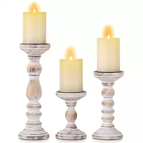 Candle Holder for Pillar Candles: Romadedi Set of 3 Decorative Wood Candlestick Holders, Rustic Wooden Candle Stand for Fireplace Mantle End Table Shelf in Farmhouse Style, Whitewashed 6 , 8.3 , 1R...