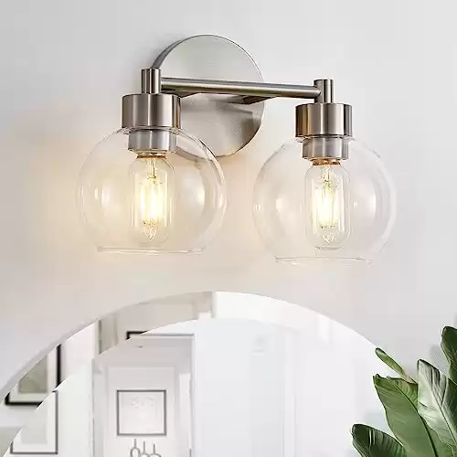 Bathroom Light Fixtures, 2 Lights Bathroom Vanity Light Brushed Nickel Round Finish,Clear Globe Glass Shades, Wall Sconce for Mirror, Bedroom, Living Room, Kitchen