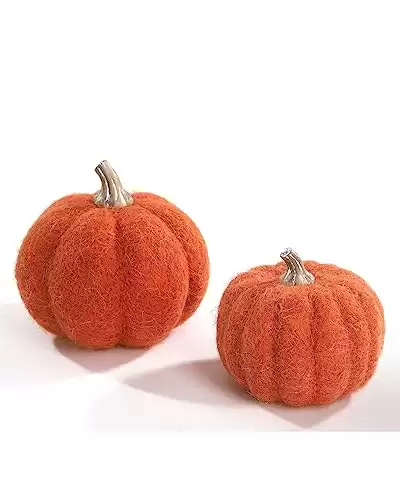 WDS WONDROUS Orange Pumpkin Decor, Wool Pumpkin Set of 2, Fabric Pumpkins for Fall, Thanksgiving, Calabazas Decoration, Small Fuzzy Pumpkins for Table Centerpieces, Gifts