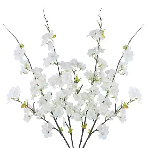 JOJAZE Artificial Flowers Cherry Blossom Branches Fake Flowers,White Silk Peach Flowers Bulk Faux Spring Branches Arrangement Fake Cherry Flowers Stems 4Pcs for Indoor Outdoor Table Vase Decor