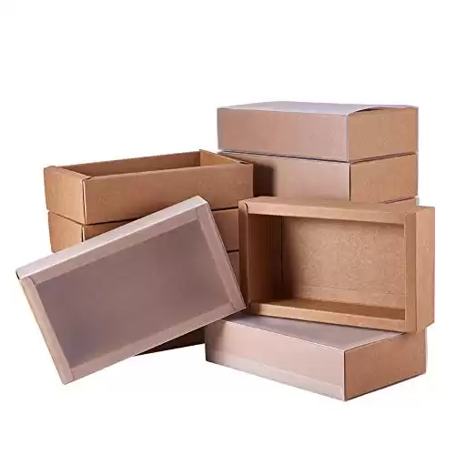 BENECREAT 12Packs Large Rectangle Brown Kraft Boxes Heavy Duty Gift Box with Clear PVC Windows 6.5x4x1.5 for Party Favor Treats, Bakery, Jewelry, Mother's Day Gift Packaging