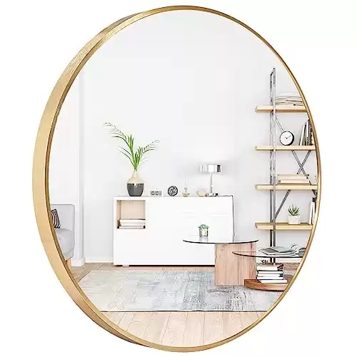 Amgngala Gold Round Mirror 24 Inch, Wall Mirrors with Hooks and Metal Framed, Round Wall Mirror for Bathroom, Bedroom, Entryway, Living Room, Vanity Room and Modern Decor