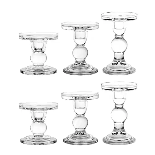 BTGLLAS 3-Piece Set of Glass Candlestick, Crystal Candlestick Holder Holder and Conical Candle, Christmas Candle Holder Decoration, Family Living Room Wedding Candle Holder (Clear 2sets)