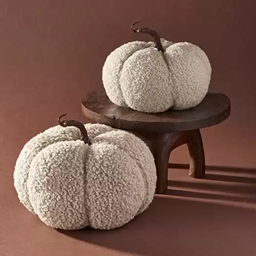 LampLust Sherpa Fabric Pumpkins for Decorating - Set of 2 Medium Plush Faux Pumpkin Decorations with Realistic Stems, Thanksgiving Table Decorations for Farmhouse Autumn Home Decor