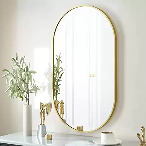 HARRITPURE 17" x 30"Oval Bathroom Mirror Wall Mounted Chic Brushed Metal Frame Hang Vertically & Horizontally Perfect Modern Decor for Bedroom Bathroom Entryway Living Room Gallery Wall,...