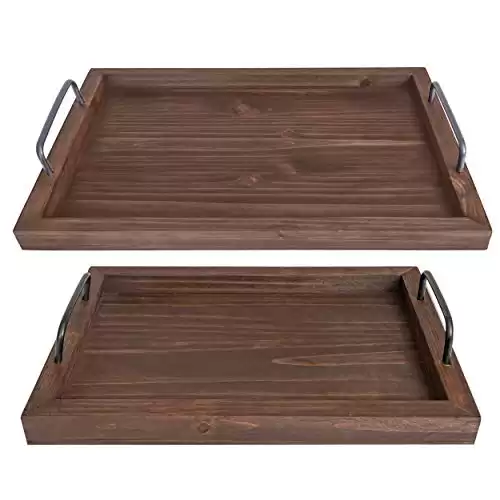 Besti Rustic Vintage Food Serving Trays (Set of 2) | Wooden Board w/Metal Handles | Stylish Farmhouse Decor Serving Platters | Small: 13.5" x 2 x 9.5, Large: 15.9" x 2" x 11.8" (Ru...