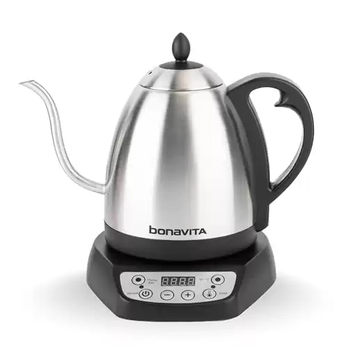 Bonavita 1L Digital Variable Temperature Gooseneck Electric Kettle for Coffee Brew and Tea Precise Pour Control, 6 Preset Temps, Café or Home Use, 1000 Watt, Stainless Steel