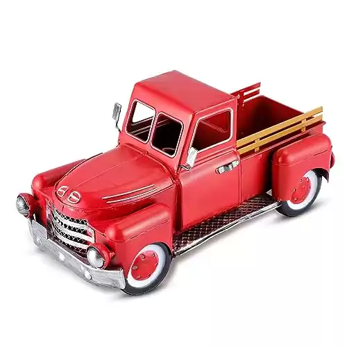 FJJBSD Vintage Red Truck Decor, Farmhouse Metal Outdoor/Indoor Pickup Planter, Christmas Red Trucks Decorations, Decorative Tabletop Storage,Gift Basket for Holiday