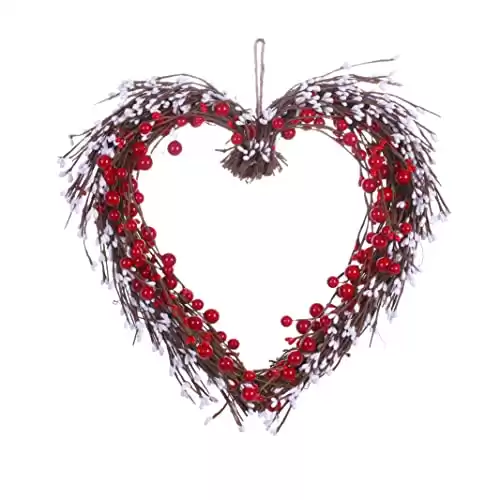 DIYFLORU Artificial Valentines Day Wreath,15 Inches,Heart-Shaped Wreath with Round Berries and White Pip Berries,Perfect for Valentine s Day Decor,Wedding