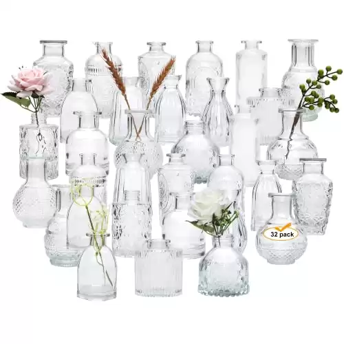 Glass Bud Vases Set of 32,Small Flower Vases for Wedding Centerpiece Table Decorations,Clear Vintage Embossed Mini Vases,Flower Arrangements in Vases for Party or Home Decor