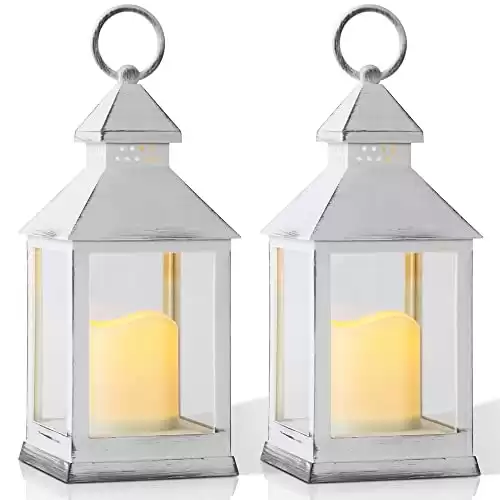 Yongmao White Vintage Lantern Decorative LED Flickering Flameless Candle with Timer, Battery Powered LED Decorative Hanging Lanterns for Indoor Outdoor Wedding Yard Home Decor(2 Pack)