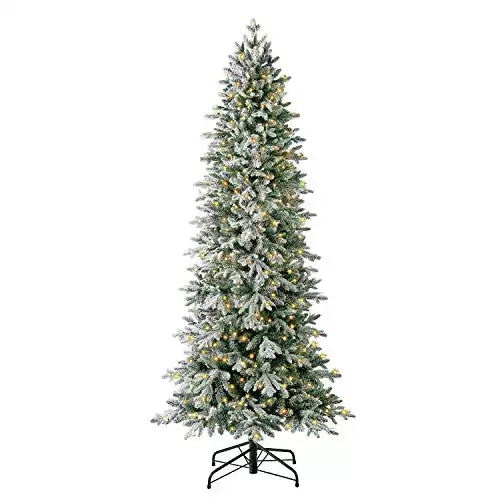 Evergreen Classics 7 ft Pre-Lit Snowy Redwood Pine Artificial Christmas Tree, Remote-Controlled Dimmable LED Lights